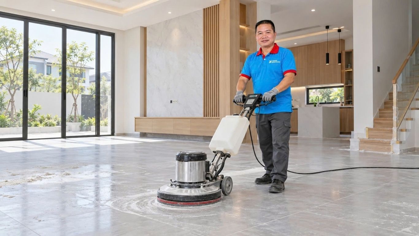 Nhân viên Home Services đánh bóng sàn đá bằng máy chuyên dụng