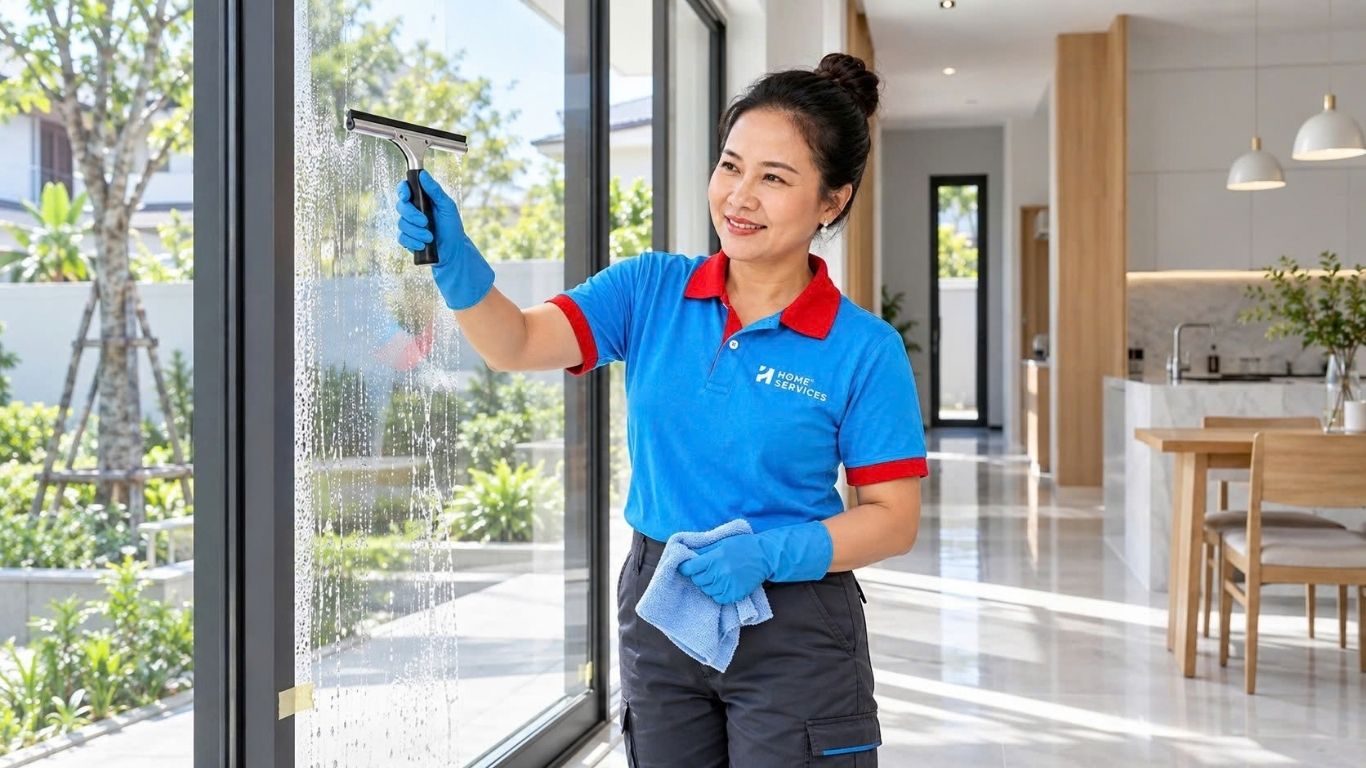 Nhân viên Home Services lau kính cửa sổ