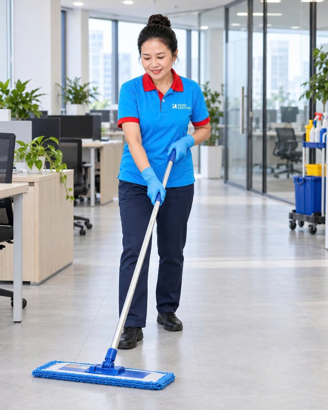 Nhân viên vệ sinh công nghiệp Home Services lau sàn sảnh văn phòng