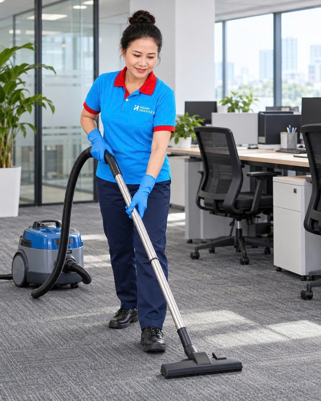 Nhân viên Home Services hút bụi thảm văn phòng