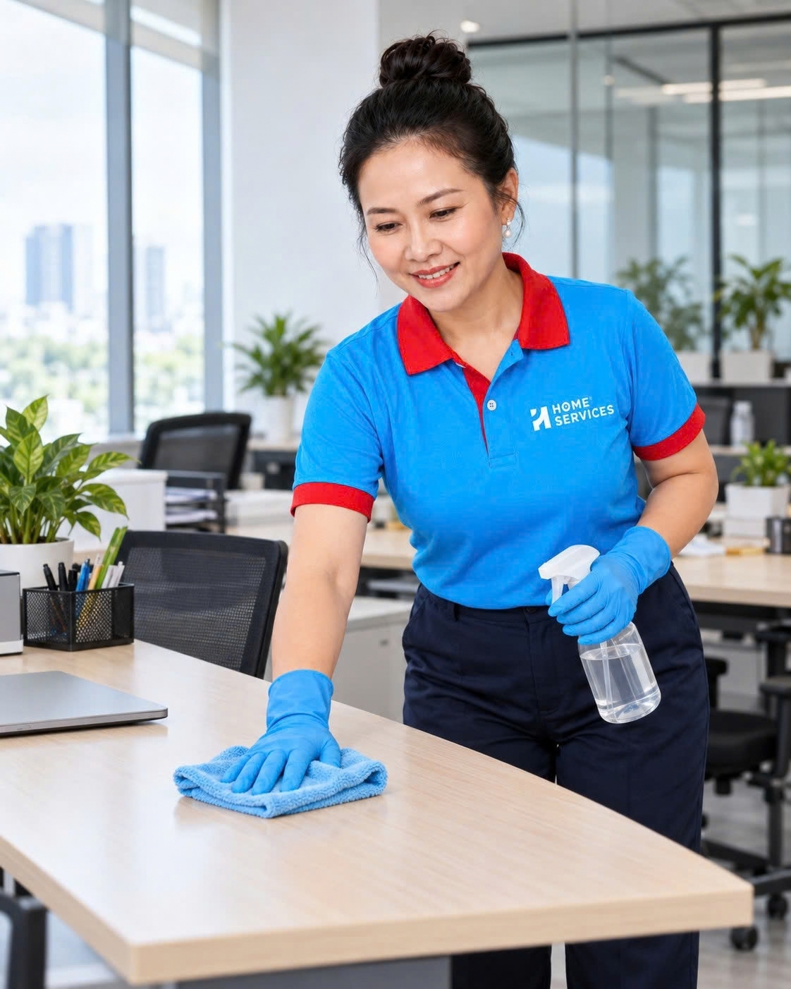 Nhân viên Home Services vệ sinh bàn làm việc văn phòng