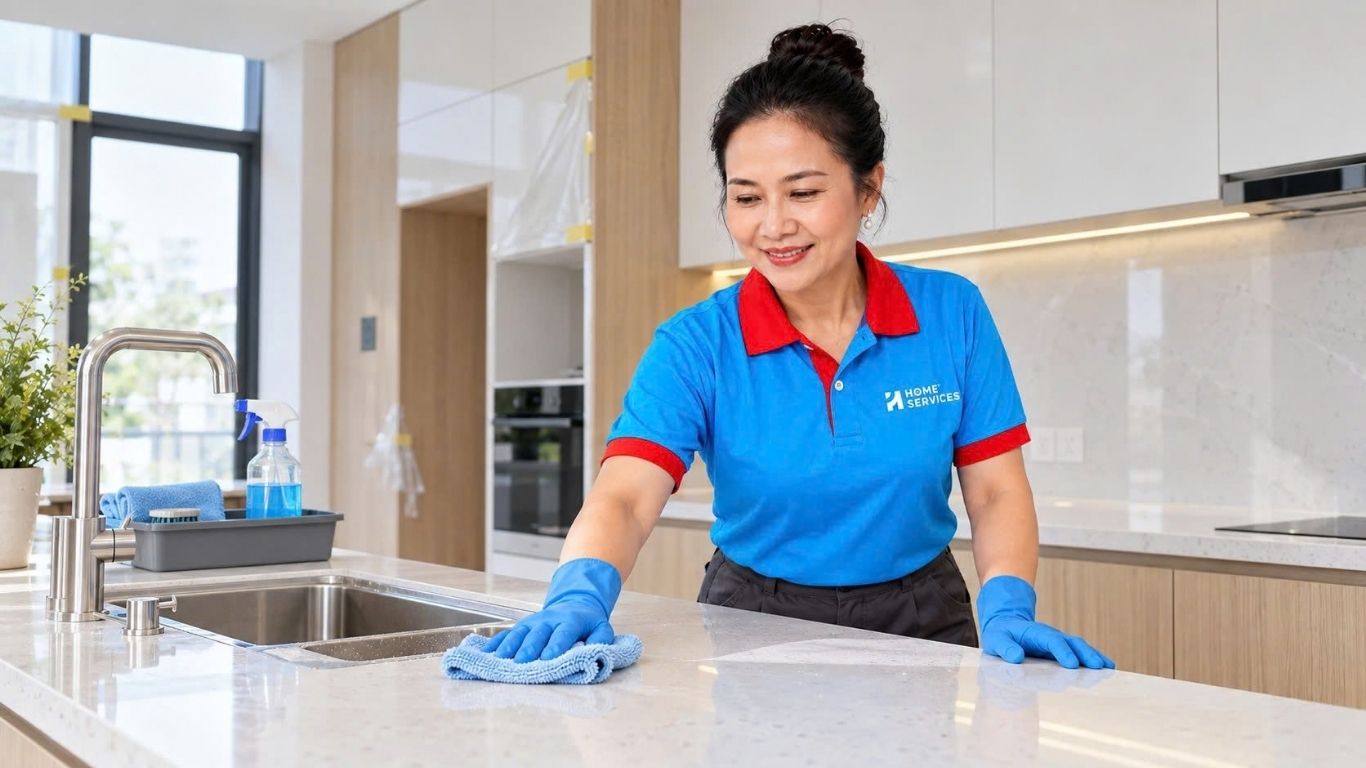 Nhân viên Home Services lau mặt bếp căn hộ